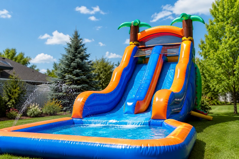 Colorful backyard inflatable water slide rental in Michigan